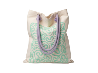 Isolated canvas shopping bag with unique design and lilac rope handles close up view
