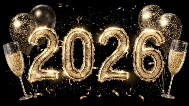 Golden balloon digits 2026 glow above champagne flutes amid confetti and sparkles, night, joy! gleam