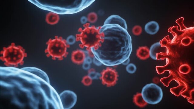 Suitable for medical presentations, scientific articles, and educational materials on virology, infections, and microbiology. Illustrates detailed virus structure and spread.
