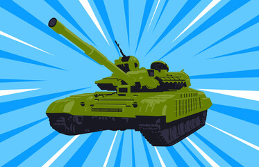 Obraz premium Illustration of a green tank on a blue explosive background