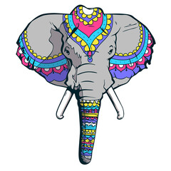 Illustration of an elephant's head decorated with Indian national patterns. Isolated on a white background.
