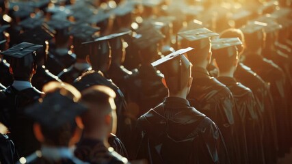 A large group of graduates in caps and gowns celebrate their achievement during a vibrant sunset. The crowd is filled with joy and accomplishment as they commemorate the milestone.