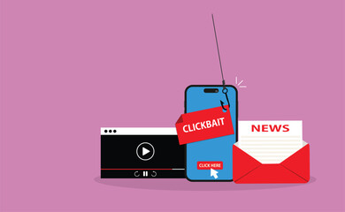 Clickbait message.Clickbait concept with smartphone and fishing hook on message
