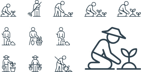 Male Agricultural Worker Line Art — Vector Outlines of Farmers & Gardeners in Action — For Farming Infographics, UI Design, and Eco Branding — Editable Template