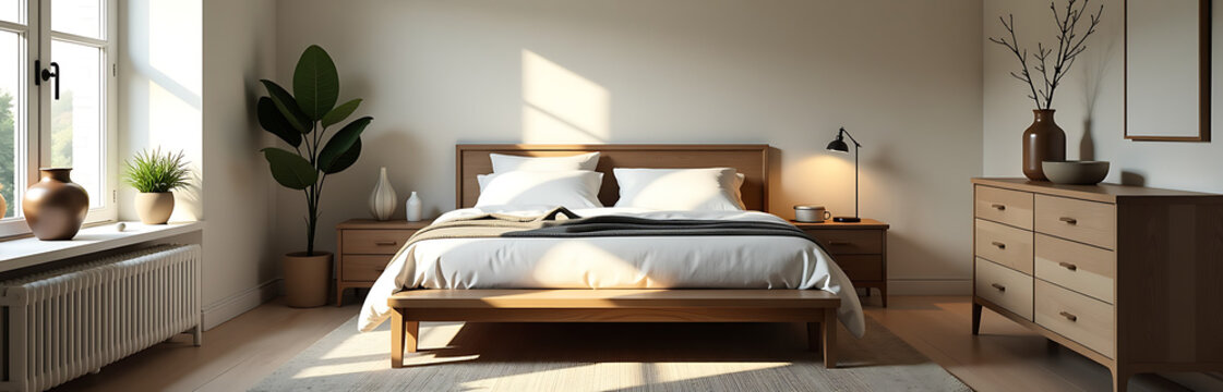 beautifully styled masculine bedroom setting sleek wooden bench vintage accents soft natural light wide shot