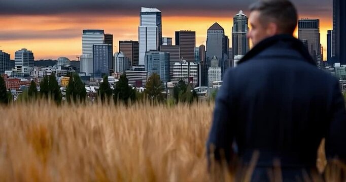 Man in overcoat standing in field with cityscape background at sunset