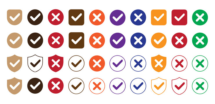 Collection of four round checkmark symbols with white ticks and colorful abstract backgrounds