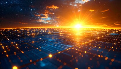 Abstract future solar energy system, golden light rays intersecting with geometric grids, AI-controlled energy flow patterns, warm yellow and amber tones mixed with cool blue, minimal yet complex, 