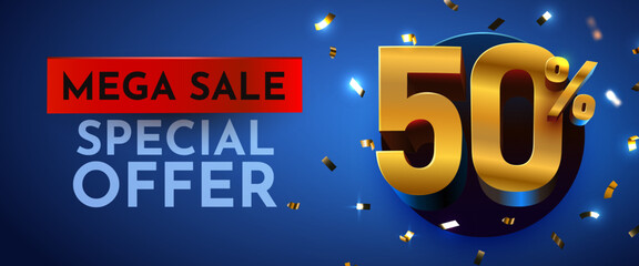 Mega Sale Special Offer with 50 percents discount on blue. Golden numbers and confetti. Vector illustration