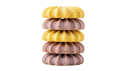 Isolated stack of Linzer cookies, alternating between yellow and purple, no shadow