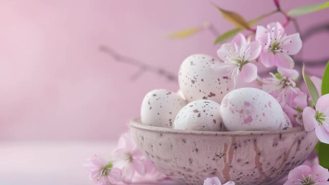 A bowl of chocolate eggs with pink and white decorations on a pink floral background.