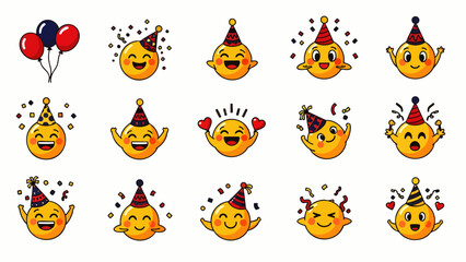 Collection of happy and excited cartoon emojis wearing party hats and celebrating with confetti and balloons. © Indhgraphy Visual