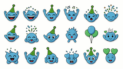 Obraz premium Collection of cheerful blue cartoon characters wearing party hats, expressing joy and excitement with balloons and confetti.