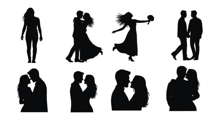 Romantic couple silhouettes depicting wedding moments and intimate loving embraces for design