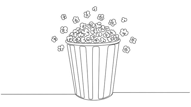 Continuous line drawing of popcorn bucket, movie night snack