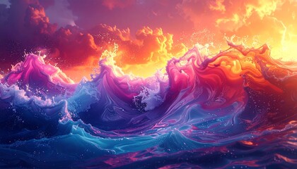 Colorful stylized ocean wave scene, blending pinks, blues, and oranges under a sunset-hued cloudy sky