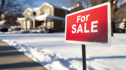 Winter Home Sale: A charming two-story residence stands blanketed in snow, highlighted by a prominent 'For Sale' sign, signaling an opportunity for a new family in a serene setting.