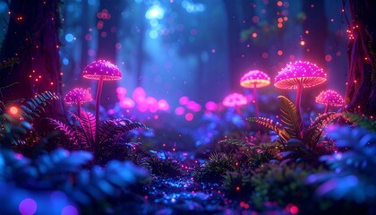 Enchanted forest scene with glowing mushrooms and bioluminescent plants, bathed in blue and purple light