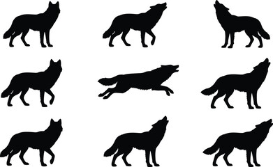 American football player action silhouettes, dynamic set of nine poses, throwing, catching, and tackling figures, professional sport competition graphics, isolated vector.