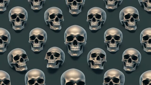 Silver skulls pattern on dark gray, suitable for halloween, gothic or rockthemed designs, background, textiles, and accessories for a unique look.