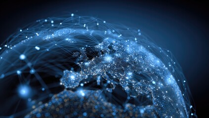 Blue globe overlayed with light nodes connected by lines, highlighting Europe, against a dark background