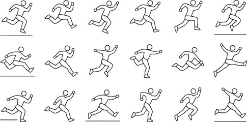 Running Athlete Motion Sequence Icons Sprinting Jogging Fitness Activity Outline Poses Stick Figure Animation Frames for Sports Apps Training Guides UI UX Design Infographics Editable Vector Set.