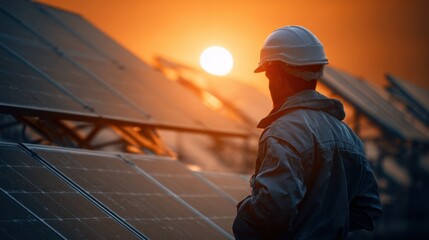 Male Solar Panel Technician Wearing Helmet in Sunset Sunlight at Solar Farm