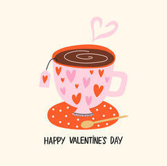 Happy Valentine's Day Greeting Card with pink cup of coffee from which steam rises in the form of a heart. Vector