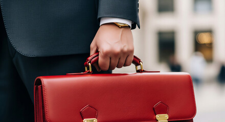 Close-up of a red briefcase held by a businessman