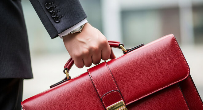 Close-up of a red briefcase held by a businessman - Powered by Adobe