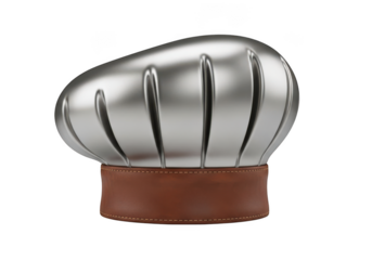 3d icon of stylish chefs hat isolated on transparent background, a modern take on culinary headwear with a sleek silver design and a brown leather band
