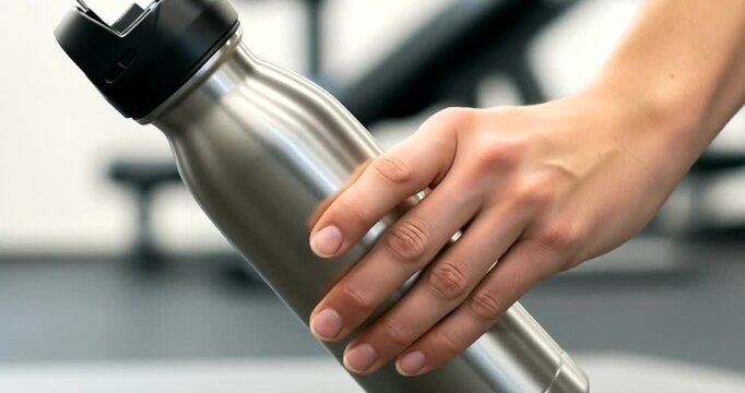 Hand reaches for stainless steel water bottle on gym floor mat