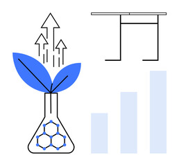 Sustainability, biotechnology, eco solutions, scientific innovation, economic growth, environmental balance. A plant in a flask with arrows, graphs and a table. Sustainability and biotechnology
