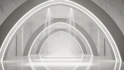 Fototapeta premium Elegant white marble arches with integrated light strips forming a clean futuristic hallway with smooth reflections.