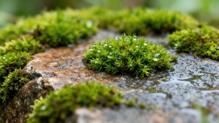 Macro photograph showing lush bright green moss patches covered with fresh raindrops clinging to the rough wet gray stone surface.