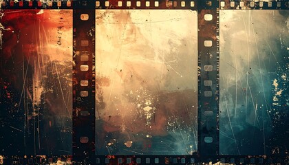 Obraz premium Distressed film strip with red, yellow, and blue tones featuring scratches, grunge and a vintage look