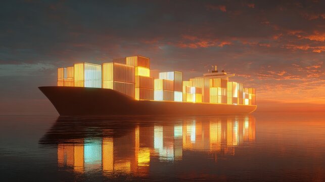 Fototapeta Container ship, futuristic cargo stacks glowing softly at sunrise, 3D illustration. 