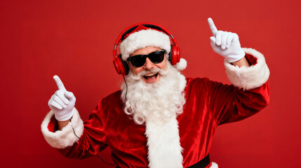 Cool Santa Claus in Sunglasses and Headphones Dancing on Red Background