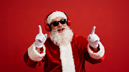 Cool Santa Claus in sunglasses and headphones pointing up, enjoying music on a red background
