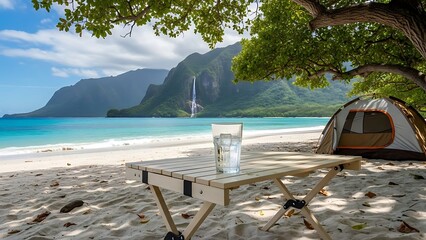Relaxing coastal adventure, drink condensation on glass, foldable picnic table, tent under tropical shade, white sand and crystal sea