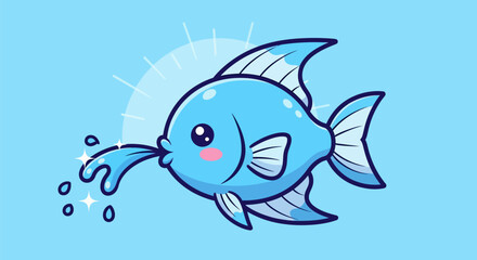 Cute Blue Fish Spitting Water Cartoon Vector Icon Illustration Animal Icon Concept Isolated Premium Vector.