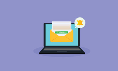 Laptop with a bell notification and verify mail. .Reminder on desktop. New message notification

