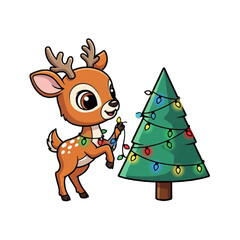 Obraz premium A charming deer decorating the Christmas tree. The deer is cheerful and festive, bringing holiday cheer with twinkling lights and decorated tree. 