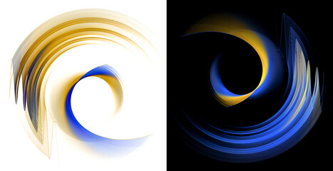 Blue and yellow abstract striped propellers with zigzag and arc blades on white and black backgrounds. Set. Icon, logo, symbol, sign. 3D rendering. 3D illustration. © Svetlana