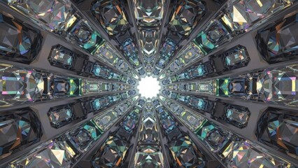 Radiant geometric crystal tunnel with reflective facets converging toward a bright center, creating a futuristic kaleidoscope effect.