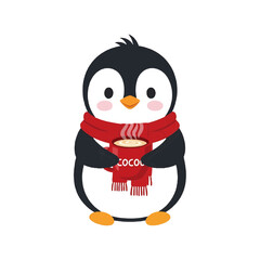 Fototapeta premium A cute penguin wearing a red scarf holding a mug of cocoa