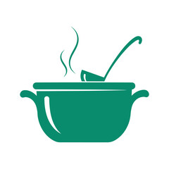 Teal cooking pot with ladle and steam on white background vector