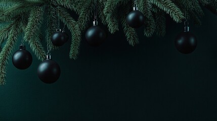 Dark green christmas tree with black and gold baubles on spruce branches, dark background, copy space, close up view, perfect for festive banner design and holiday themed layouts.