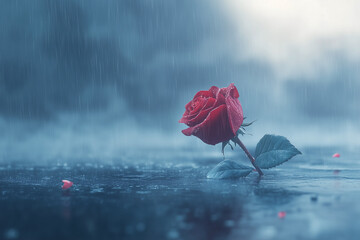 A single red rose stands against pouring rain, a symbol of courage and love that survives even the darkest storms.