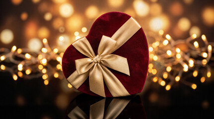 Elegant red velvet heart-shaped gift box with a gold ribbon bow, set against a warm bokeh light background. Ideal for Valentine&rsquo;s Day, romantic gifts, and celebrations